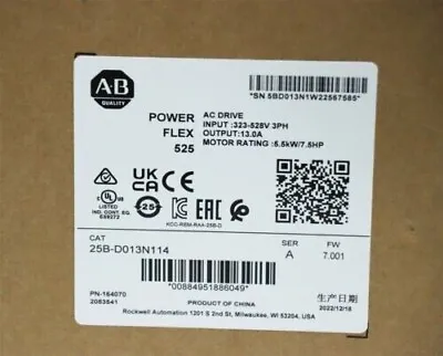 Buy New Allen-Bradley A-B 25B-D013N114 SER A PowerFlex 525 5.5kW 7.5Hp AC Drive • 728$