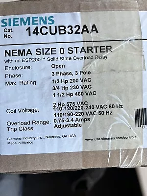 Buy 14CUB32AA Siemens 14CU+32A* Starter 120/240V Coil -Overload 0.75-3.4Amp Size 0 • 298$