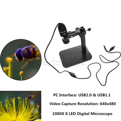 Buy 1000X USB Microscope 2MP 8 LED Digital Endoscope 90X Magnifier Camera+Lift Stand • 23.31$