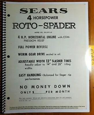 Buy Sears 4 HP Roto-Spader Tiller 785.299140 Owner's Operator's & Parts Manual 2/69 • 15.99$
