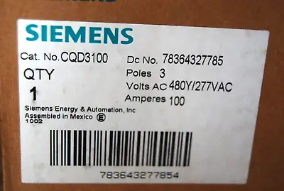 Buy CQD3100 Siemens Molded Case Breaker 3 Pole 100 Amp 277/480V 14KA Din Mount • 179.99$