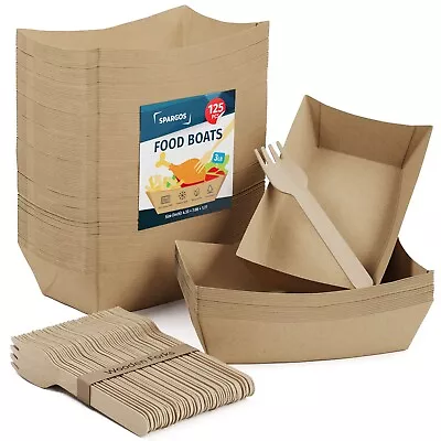 Buy Food Boats 125 Pcs 3LB Brown Paper Food Trays Leakproof & Safe + 125 Forks • 7$
