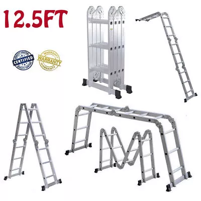 Buy Aluminum Ladder Folding 12.5FT Step Scaffold Extendable Platform 330lbs Capacity • 89.99$