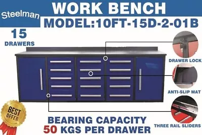Buy 10 FT Storage Cabinet Work Bench 15 Drawers 2 Cabinets Steelman - USED Wheels • 899.99$