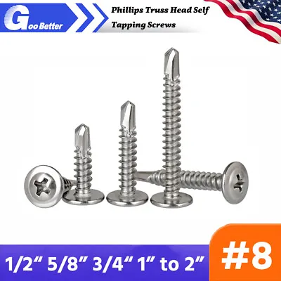 Buy #8 Phillips Truss Head Self Tapping Screws 410 Stainless Steel 1/2  5/8  To 2  • 7.52$
