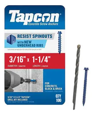 Buy Tapcon 3/16  X 1-1/4  Hex Head Concrete Anchor Screws 3139407 | 100 Pack | Drill • 21.50$