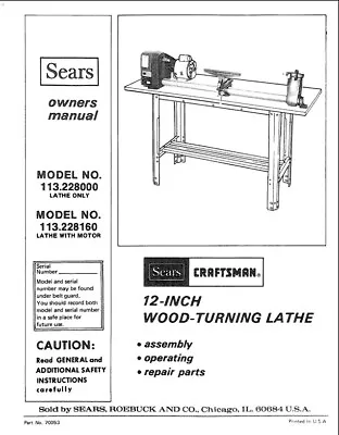 Buy Owners Manual Sears Craftsman 12-inch Wood Turning Lathe -  Model 113.228000 • 18.95$