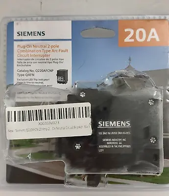 Buy Siemens Circuit Interrupter Q220AFCNP 20A 2-Pole Plug-On Neutral Combo Arc-Fault • 44.99$