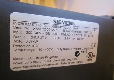 Buy Siemens Inverter 6SE6420-2UC13-7AA1 0.37KW 220V Tested Used • 172.92$