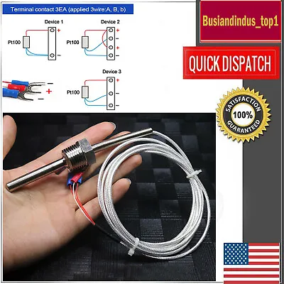 Buy RTD Pt100 Temperature Sensor Probe 1/2  NPT Thread With Connector 2M Cable 3wire • 16.48$