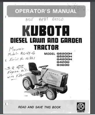 Buy Kubota Diesel Lawn Tractor G6200H 5200 4200 3200 Owner Manual 37 Pages  • 19.95$