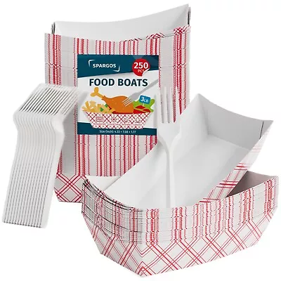 Buy Food Boats 250 Pcs 3LB Red&White Paper Food Trays Leakproof + 250 Forks • 13.50$
