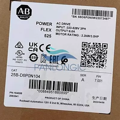 Buy New Factory Sealed Allen-Bradley PowerFlex 525 2.2kW 3Hp AC Drive 25B-D6P0N104 • 399.99$