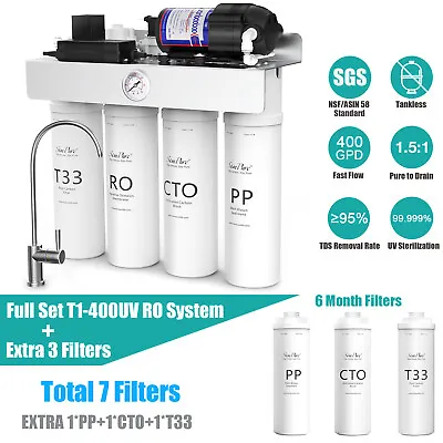 Buy T1-400GPD 8 Stage UV Reverse Osmosis Tankless RO Water Filter System +3*Filters • 189.99$