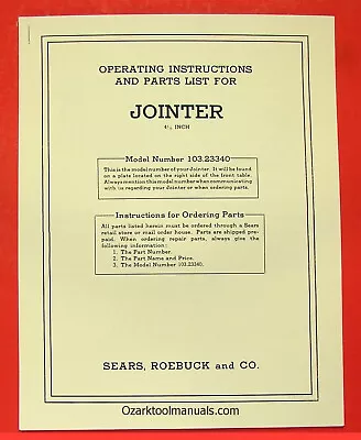 Buy CRAFTSMAN 4 3/8  Jointer 103.23340 Owners Instructions & Parts Manual 0185 • 11$