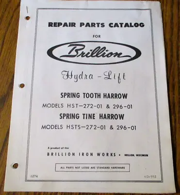 Buy Brillion Hydra-Lift Spring Tooth Harrow Parts Catalog Manual List 6D-952 • 11.99$