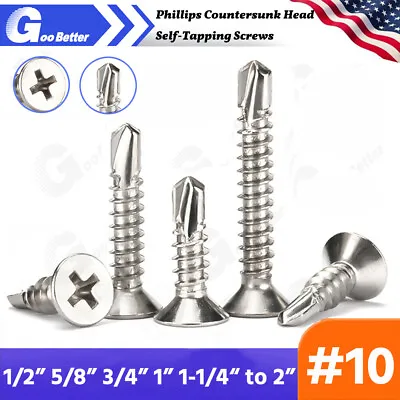 Buy #10 410 Stainless Steel Phillips Countersunk Head Self-Tapping Screws 1/2 To 2  • 6.55$