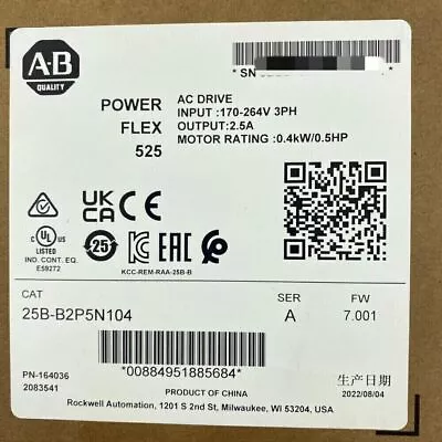 Buy New Allen-Bradley 25B-B2P5N104 SER A PowerFlex 525 AC Drive 240V 0.4kW 0.5HP • 333.99$