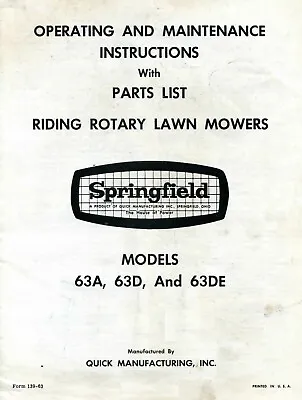 Buy Operator & Parts Manual Springfield Riding Rotary Lawn Mowers Models 63A 63D 63E • 6.27$