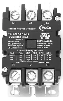 Buy Air Conditioning CONTACTOR Definite Purpose 3 Pole FLA 40A 600V 208/240V AC Coil • 24.99$