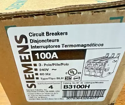 Buy Siemens B3100H 100-Amp 3 Pole 240-Volt 22KAIC Breaker BOX OF 4 • 299$