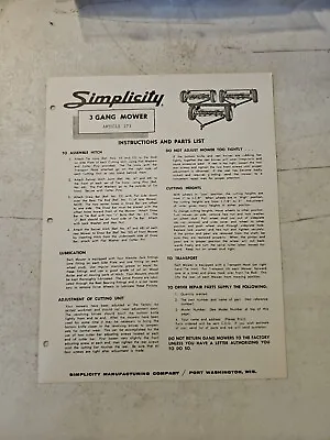 Buy Vintage 1960's Simplicity Tractor 3 Gang Mower Instructions And Parts List • 7.96$