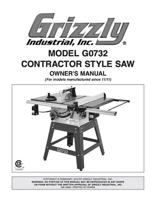 Buy Owner’s Manual & Instructions Grizzly Contractor Style Saw - Model G0732 • 19.95$