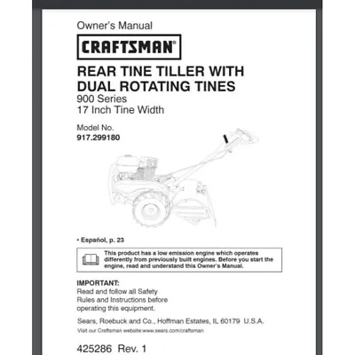 Buy Craftsman Garden TILLER Model 917.299180 Owner's & Parts List Manual 104 Pages • 19.95$