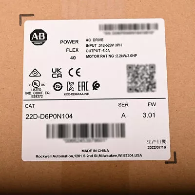 Buy New Sealed Allen-Bradley 22D-D6P0N104 PowerFlex 2.2kW 3Hp AC Drive • 676$
