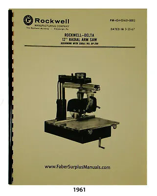 Buy Rockwell Delta 12  Radial Arm Saw Instruction & Parts List Manual #1961 • 17.50$