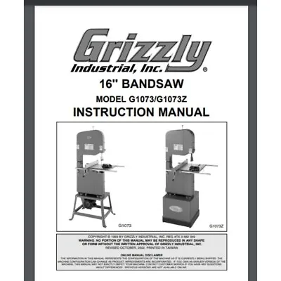 Buy Grizzly 16  Bandsaw G1073 & G173Z Instruction And Parts Manual Gloss Protectors • 15.95$