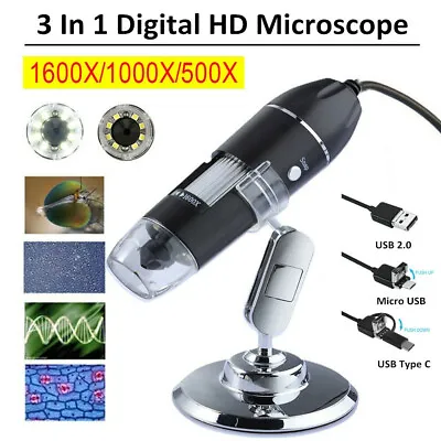 Buy 1600X Zoom 3in1 HD 1080P USB Microscope Digital Magnifier Endoscope Video Camera • 20.85$