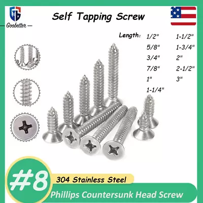 Buy #8 Phillips Flat Countersunk Head Self Tapping Screw Wood Screws Stainless Steel • 6.53$