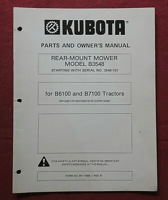 Buy Kubota B6100 B7100 Tractor  B-3548 Rear Mower  Operators Manual Parts Catalog • 24.95$