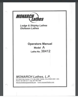 Buy Monarch Lodge Shipley Model A 38412 Lathes Operators Manual And Parts List 58 Pg • 19.95$