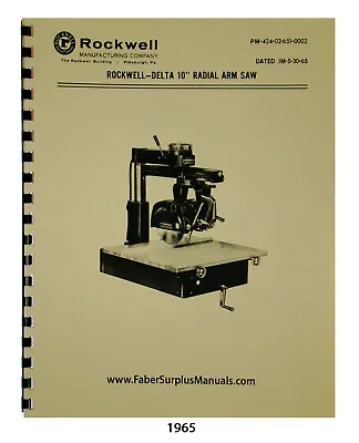Buy Rockwell Delta 10  Radial Arm Saw Year 1965 Instructions And Parts Manual #1965 • 17.50$