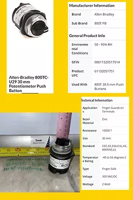 Buy Allen-Bradley 800TC-U29 30 MmPotentiometer PushButton Pilot Light Series Q OB • 257.89$