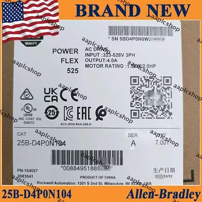 Buy Sealed Allen-Bradley 25B-D4P0N104 Power Flex 525 1.5kW 2Hp AC Drive US • 386.99$
