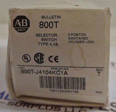 Buy Allen Bradley 800T-J4104KC1A 3 Position Maintained Selector Switch NEW NO KEY  • 59.99$
