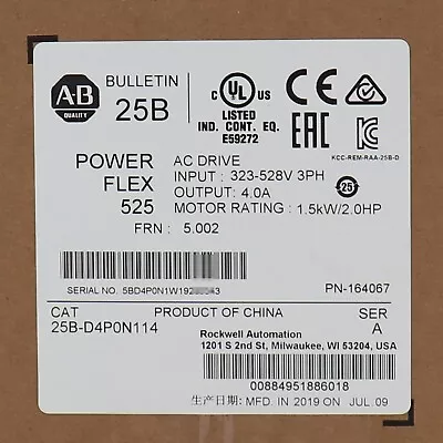 Buy Allen-Bradley AB 25B-D4P0N114 PowerFlex 525 AC Drive 1.5kW 2HP Factory Sealed • 385.99$