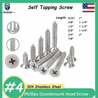 Buy #4 Phillips Flat Countersunk Head Self Tapping Screw Wood Screws Stainless Steel • 5.49$