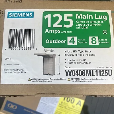 Buy Siemens 125 Amp Outdoor 4-Space 8-Circuit Main Lug  EQ Aluminum Bus NEMA 3R NEW • 49.99$