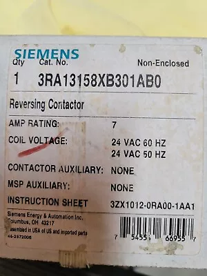 Buy Siemens 3ra1315-8xb30-1ab0 3 Pole 24vac 7a 50/60hz Reversing Contactor Brand New • 120$