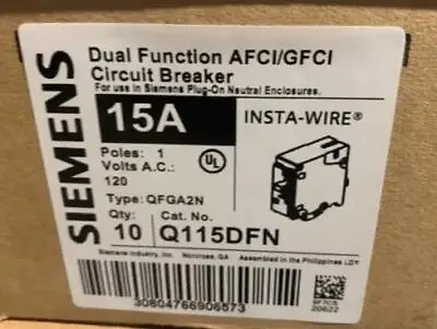 Buy Lot Of 10 Siemens Q115dfn 15a Plug On Neutral Afci/gfci Breaker New • 454.99$