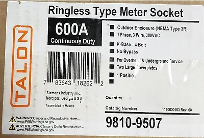 Buy 600 Amp Service Meter Base Single Phase Siemens 9810-9507 480Amp Meter Socket • 1,999$