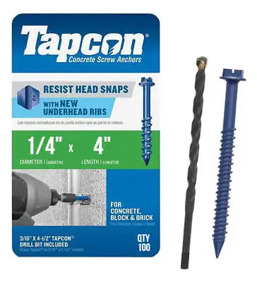 Buy Tapcon 1/4  X 4  Hex Head Concrete Anchor Screws 3165407 | 100 Pack | Drill Bit  • 45.85$