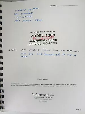 Buy Wavetek Model 4200 Communications Service Monitor Instruction Manual   • 20$