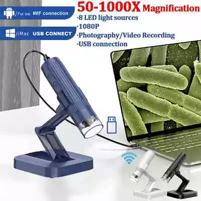 Buy 1000X Digital Microscope Camera 2in1 WIFI Electronic Microscope 8 LED Magnifier • 16.55$