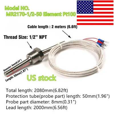 Buy RTD Pt100 Ohm Probe Sensor L 50mm PT NPT 1/2'' Thread W/ Insulation Lead Wire • 15.35$