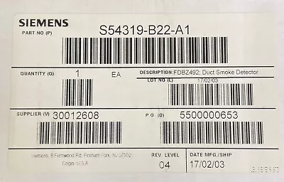 Buy Siemens S54319-B22-A1, Model# FDBZ492 Duct Smoke Detector, BRAND NEW!!! • 84.99$